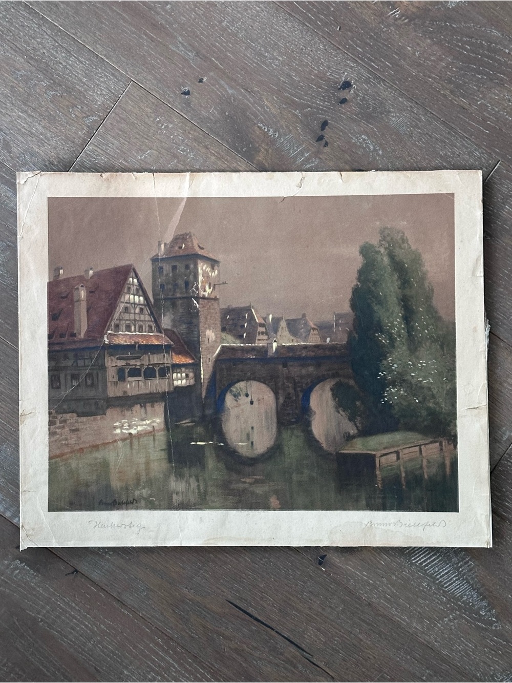 ANTIQUE Signed Hand-Colored Etching HANGMANS Bridge Germany 12x16